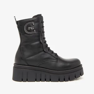 ANFIBI PELLE NERA PLATFORM LOGO METALLICO