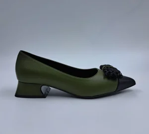 BALLERINE PELLE BICOLOR APPLICAZIONE FIOCCO VERDE