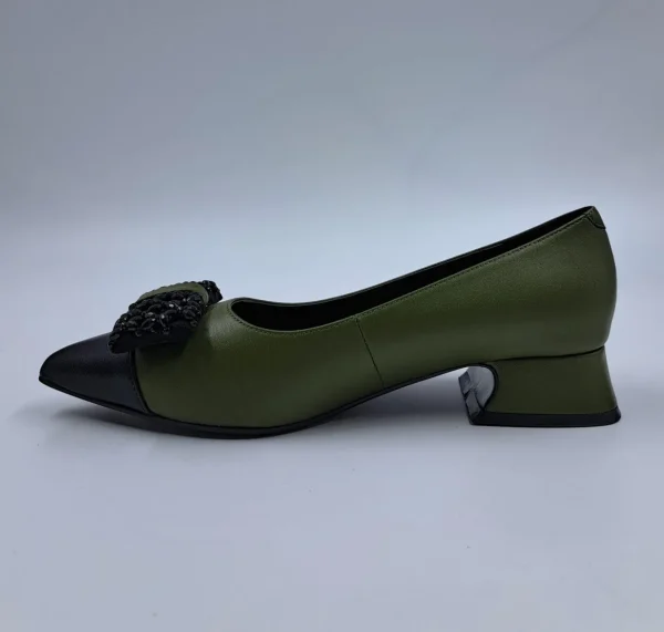 BALLERINE PELLE BICOLOR APPLICAZIONE FIOCCO VERDE
