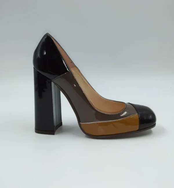 DECOLLETE PELLE VERNICE TRICOLOR STRISCIA TAUPE