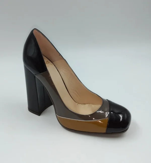 DECOLLETE PELLE VERNICE TRICOLOR STRISCIA TAUPE