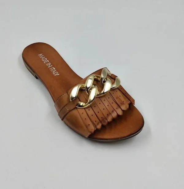 SANDALI IN PELLE CON MAXI CATENA E FRANGE