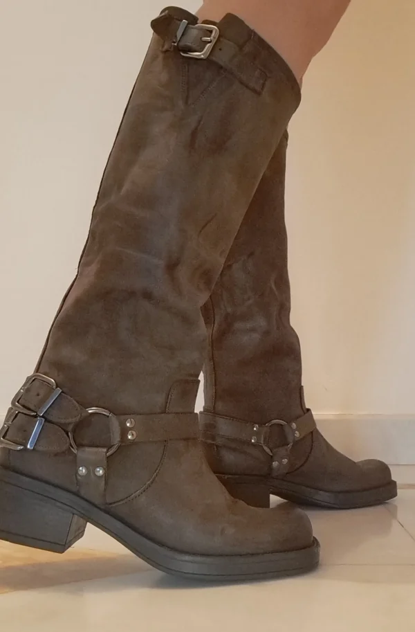 STIVALI BIKER PELLE FIBBIE LATERALI MARRONE
