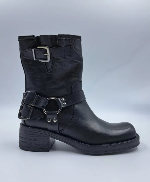 TRONCHETTI BIKER PELLE FIBBIE NERO