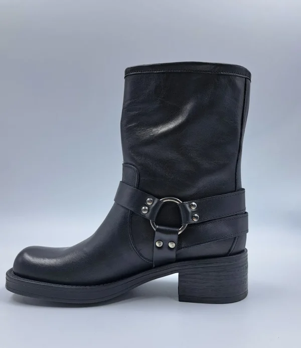 TRONCHETTI BIKER PELLE FIBBIE NERO